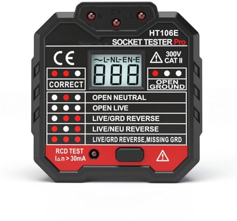 HT106E Digital Socket Tester - UK 90-250v Voltage Detector for Neutral/Live/Earthwire/RCD Testing