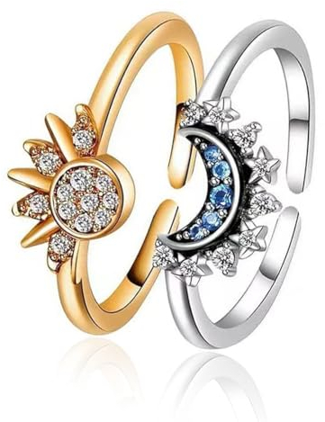 ARHZ 2 Stück Freundschaftsringe Sonne Und Mond, Verstellbar Sonne Mond Ring Set, Ringe Frauen, Ringe Silber 925 Damen Matching Rings, Ring Damen Dupes Schmuck Damen,Geschenke Für Frauen