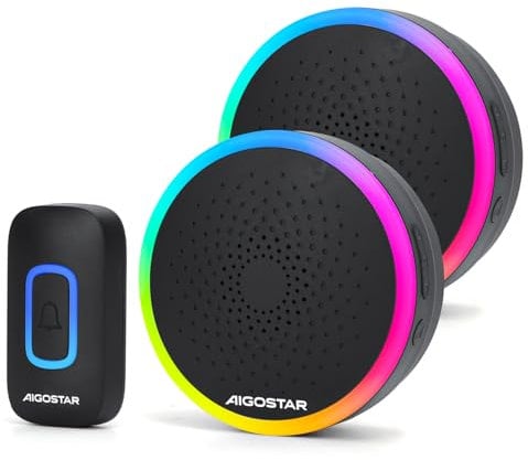 Aigostar funkklingel mit RGB Licht, türklingel funk IP55 Wasserdicht Außen Haustürklingel Set, 5 Lautstärkestufen, 60 Melodien, 150m Reichweite, 1 Klingeltaster & 2 Empfänger, Schwarz