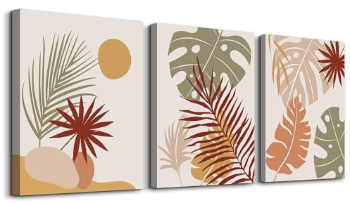 hyidecorart Tableau Boho Botaniques Chic, Tableau Rouge Marron Orange Vert Sauge Feuilles Abstraites Minimalisme Nordique, Plantes Modernes Salon Chambre Salle De Bain Cuisine Bureau
