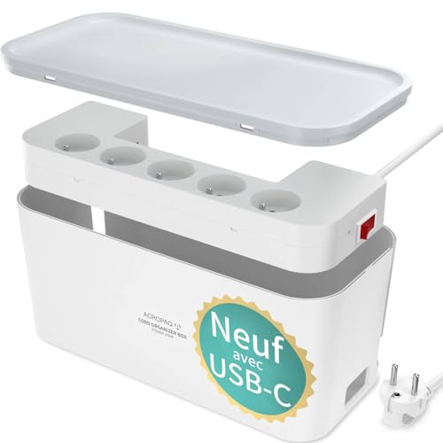 ACROPAQ Boîte de Rangement câble - Boîte Cache câble, avec multiprise intégrée, avec Broche de Terre, Convient pour la France, Ports USB-A et USB-C, Quick Charge 3.0 - Cache multiprise