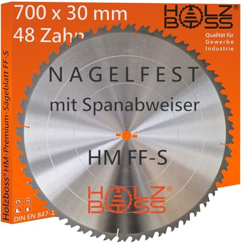 Holzboss ® HM-Sägeblatt 48 x Zahn FF-S 700 x 30 mmØ Nagelfest mit Spanabweiser und Rückschlagarm HW Kreissägeblatt für Tafelholz Schalholz Bauholz Brennholz Schalholz Tischkreissäge Wippsäge