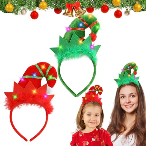 2 Stück Weihnachts-Kopfschmuck, Stirnbänder Mit LEDs, Leuchtender Haarreif, Weihnachtsmütze Kopfbedeckung Rentier Geweih, Weihnachtsstirnband Rot Grün für Kinder Erwachsene
