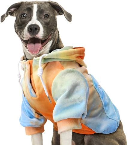 Eyein Hundehoodie für kleine mittlere und große Hunde, Warmer Flanell Hunde Kapuzenpulli mit Taschen und Leine Portal, Weiche Hundebekleidung für Frühling Herbst Winter (Orange-Blau Tie Dye, XXL)