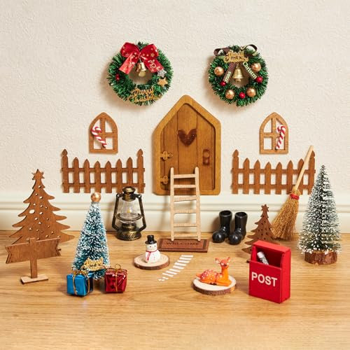 SKYVINWINE 27 Stück Wichteltür Weihnachten Set – Wichtel Zubehör Komplettset mit Miniatur Elfentür, Zaun & Deko für
