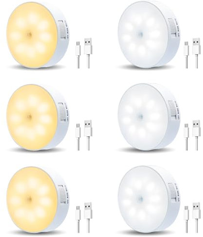 FWoche Luz Nocturna, 6-Pack Luces LED con Sensor Movimiento a Pilas, luz Nocturna USB, iluminación de Armario, Luz LED magnético para Armarios,Pasillo, Escalera, Sótano(Blanco cálido + Blanco frío)