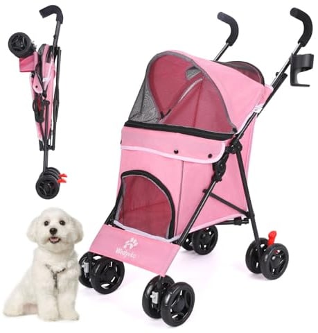 Passeggino 3 in 1 per cani e gatti di piccola taglia, passeggino pieghevole a 4 ruote, rete traspirante, grande capacità, facile da trasportare (rosa)