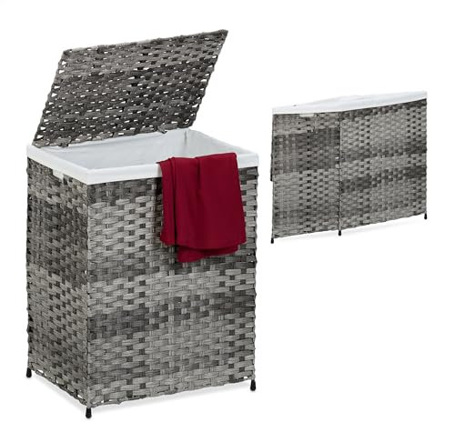 Relaxdays Wäschekorb mit Deckel, Rattan-Optik, Wäschesack 90 l, HBT: 60x46x34 cm, Wäschebehälter geflochten, grau/beige