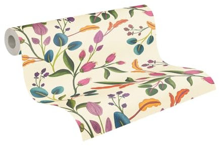 Livingwalls Anna D'Andrea Vliestapete Floral 10,05 m x 0,53 m - Creme, Grün, Lila, Blau - Tapete glatt - 782111