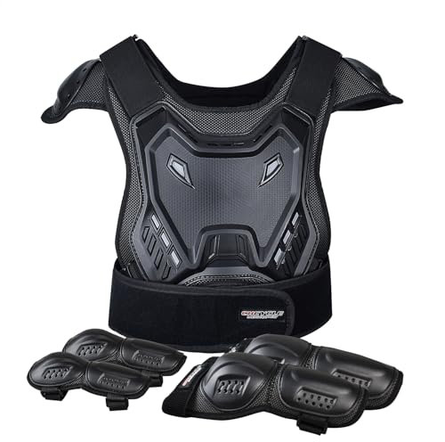 Traje de motocicleta para niños, equipo de motocross con codera, rodilleras, espinilleras, protector de columna vertebral, equipo de motocross, carreras para deportes al aire libre (negro)