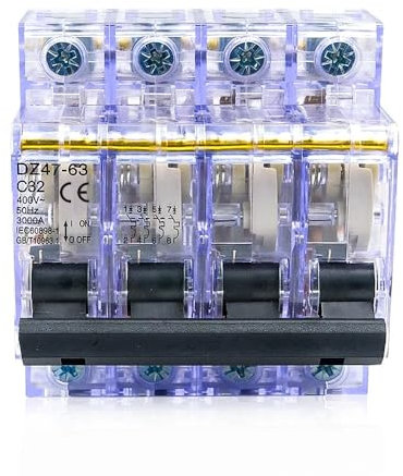 SAYTAK Magnetotermico,Interruttore Magnetotermico Interruttore Automatico quadripolare 4P 32A, Involucro Trasparente 400V, Protezione da sovraccarico, Montaggio su Guida DIN