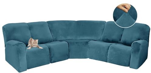 Velvet Stretch Recliner Corner Sofa Cover Set High Stretch Couch Covers for Living Room Recliner Sectional 7 Piece Set for 5 Seats with 4 Recliner Sats & 1 Corner Seat (Blue)