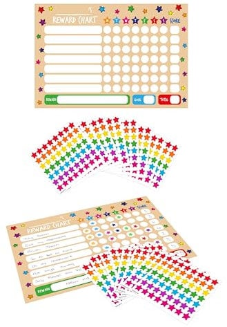 Henbrandt Single Children’s A4 Reward Chart with Colourful Star Stickers - Pack of 8 - Positive Motivation Star Chart for Chores + Good Behaviour at Home and Classroom for Boys and Girls