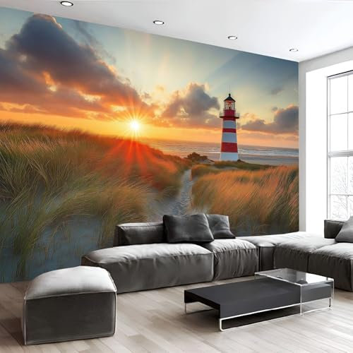 MIATCENRT Coucher De Soleil Dunes De Sable Papier Peint Panoramique, Île Phare 3D Tissu De Soie Murale, 450X315Cm (L×H) Tapisserie Poster Geant Mural, Décoration Murale Chambre Salon Restaurant