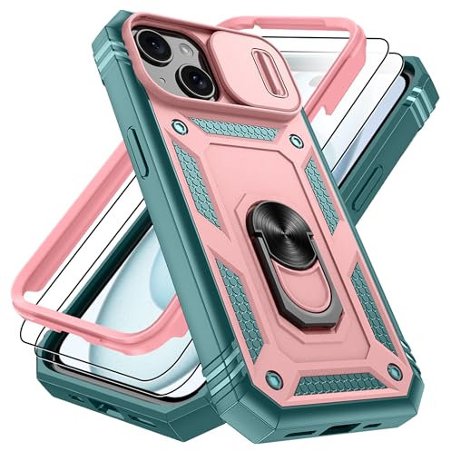 Pilaru 3 in 1 for iPhone 15 Case |With Front Frame| 2 Screen Protector[Separate] & Kickstand Ring & Camera Cover Military Grade Drop Shockproof Protection for iPhone 15 Phone,Rose/Green