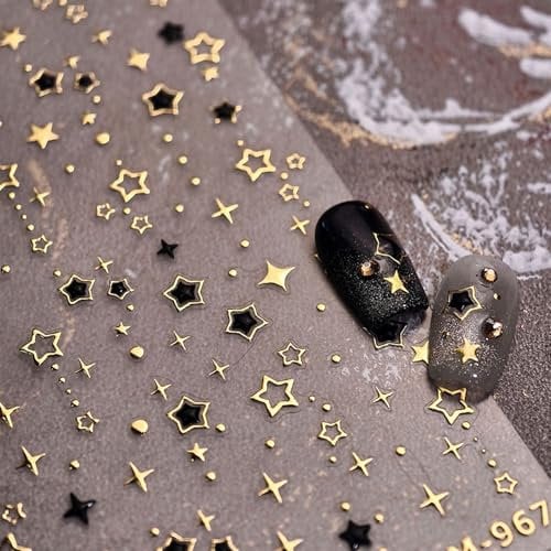 JMEOWIO 3D Embossed Black Gold Star Nail Art Stickers Decals Self-Adhesive 5D Nail Supplies Nail Art Design Decoration Accessories 1 Sheets