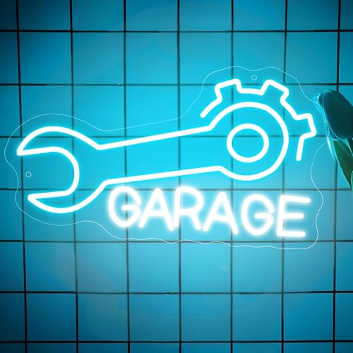 Garage Neon Sign, White Blue Check Engine Neon lights for Wall Decor, LED Dimmable Light Up Sign USB Powered for Workshop Man Cave Auto Room Garage Shop Bedroom Living Room