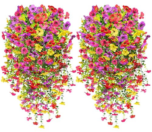 YSUVIN Fiori Artificiali Appesi, 4 Pezzi Rosa Viola Giallo Rosso, 76CM Fiori Artificiali Come Veri, Piante Finte Appese Come Veri Piante, Adatto per Esterno Balcone Giardino Matrimonio Decorazione