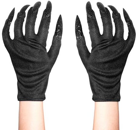 ASFWAGQ Halloween Handschuhe Lange Nagelhandschuhe Schwarz Kostümhandschuhe Cosplay Fingernägel Handschuhe Cosplay Requisiten mit Krallen für Halloween Party Kostüm Zubehör (Schwarz, Einheitsgröße)