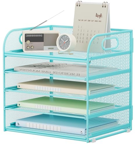 VITVITI Schreibtisch Organizer, 5 Ebenen Briefablage, Stapelbare Aktenhalter, Ablagefächer mit Griff, Bürobedarf für A4 Dokumentenablag, Papier, Buch, Magazin (Blau)
