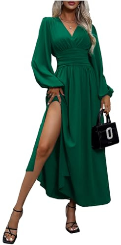 LUVCES Robe Femme Elegante Col en V Taille Haute Robe Longue Plissée Manches Lanternes Fente Latérale Froncée Robes Longue de Cocktail Soirée Party