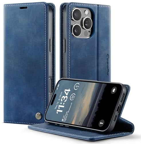 owlhold iPhone 16 Pro hülle klapphülle Premium PU Leder, RFID Schutzhülle, Faltbare Ständer, Handytasche Lederhülle Kartenfach Standfunktion Handyhülle iPhone 16 Pro - Blau