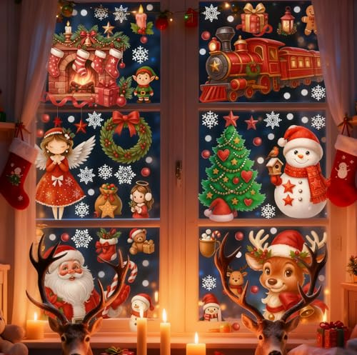 Weihnachten Fenstersticker Fensterdeko, Wiederverwendbar Weihnachtsdeko Selbstklebend XXL, Schneeflocken Fensteraufkleber Weihnachts Fensterdeko, Fensterbilder Sterne Häuser Aufkleber