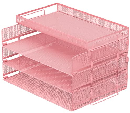 4-Tier Paper Organizer Letter Tray, Foldable Mesh Metal Desk File Organizer, No-Tool Assembly, 13×9.5×8.7 in, Fits Letter/A4 Size, Pink for Home Office