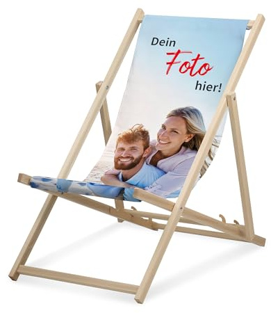 Personalisierbarer Liegestuhl - Fotoupload für Ihren eigenen Klappstuhl - robust und langlebig aus Buchenholz - perfekt für Strand, Garten, Camping, Ihr Geschäft und Veranstaltungen - Textilbezug