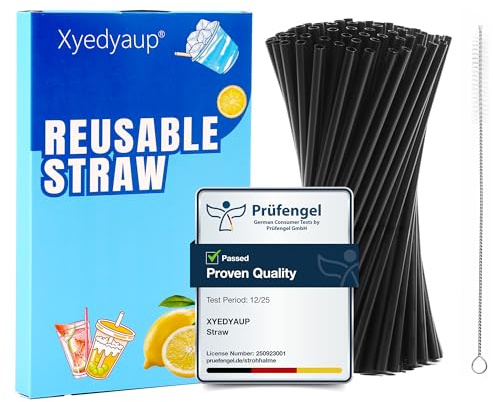 Xyedyaup 50 Pcs Straws Reusable Straw Drinking 220mm×7mm Suitable for Cocktails Smoothie Juices Kids Families Bars with a Cleaning Brush Black