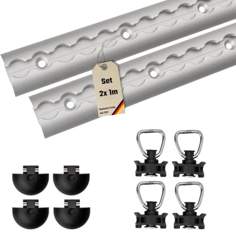 Airlineschienen Starter Set – 2 eloxierte Airlineschienen (1 m, halbrund, gebohrt für M6-Schrauben alle 10 cm) inkl. 4 Endkappen, 4 schwarze Fittinge – Ideal für Fahrzeugausbau, Vanlife & Hobbybastler