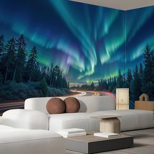Fototapete Wald Landschaft 3D Effekt Tapete, Nordlichter Autobahn Motiv Wandbild Seidenstoff Wandtapete, Wohnzimmer Schlafzimmer Kinderzimmer Wanddeko, Blaugrün 250x175cm (B×H)