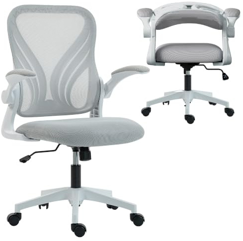 HOMCOM Sedia da ufficio ergonomica, sedia da ufficio in rete con schienale ribaltabile, braccioli ribaltabili, supporto lombare, funzione di inclinazione e rotazione a 360°, grigio chiaro