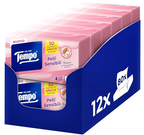 Tempo Fazzoletti Box Pelli Sensibili - 4 Veli - 12 Confezioni da 80 Fazzoletti, 960 Fazzoletti, con olio di mandorla e aloe vera