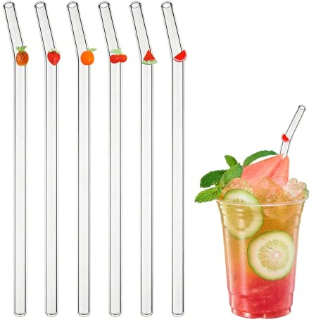 6 Pcs Reusable Clear Bent Glass Straws Fruit Charms & Cleaning Brushes