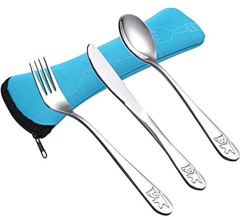 Cubiertos Niños, Lindo Acero Inoxidable Juego de Cubiertos Cuchillo Tenedor Cuchara Set Cubiertos con Estuche Cubiertos para Hogar Escuela Trabajo Camping- 3 Piezas