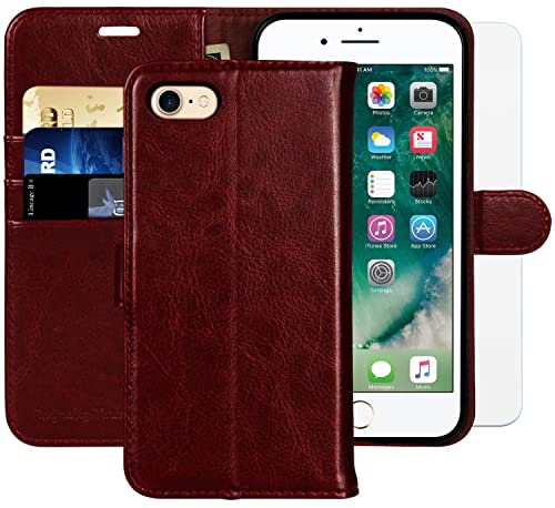 MONASAY iPhone SE 2022/2020 5G Case,iPhone 8 Wallet Case, iPhone 7 Case,4.7-inch, [Glass Screen Protector] Flip Folio Leather Cell Phone Cover with Credit Card Holder for Apple 7/8/SE2/SE3, Burgundy