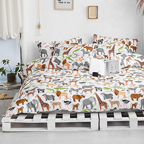 BlueBlue Safari Kids Duvet Cover Set Queen, 100% Cotton Bedding for Boys Girls Teens Lion Elephant Rhino Giraffe Zebra Zoo Print on White, 1 Full Soft Comforter Cover 2 Pillow Shams