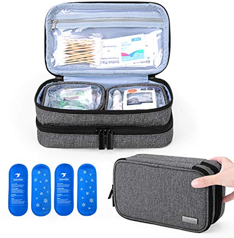Yarwo Diabetikertasche mit 2 Kühlelemente für Insulin, Doppelschicht Kühltasche für Diabetikerzubehör, Isoliert Reisetasche für Insulin und Spritzstift, Groß, Grau