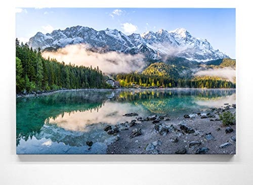 Atemberaubende Leinwand Bergbilder - Eibsee, Zugspitze - als 120x80cm großes XXL Leinwandbild. Wandbild als Hintergrund und Deko für Wohnzimmer & Schlafzimmer. Aufgespannt auf Holzrahmen
