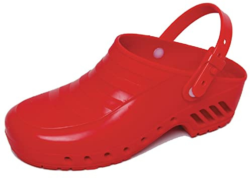 Gima - Zoccoli Professionali con Laccetto Reclinabile e Regolabile, Anatomici, Unisex, Antiscivolo, Antistatici, Tomaia Non Forata, Suola Forata, Colore Rosso, Misura 38 EU, 1 Paio