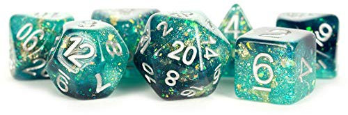 Ewiges Kunstharz mit weißen Zahlen, 16 mm, 7-teiliges Würfel-Set, Blaugrün und Schwarz Metallic Dice Games