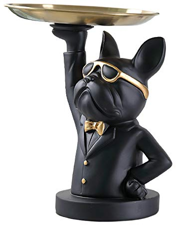 Vinbcorw Coole Bulldog Skulptur Französisch Statue mit Edelstahl Tablett, Statue, Tischdekoration, Mode, Heimtextilien, Multifunktion, Schreibtisch Lagerung,Schwarz,A