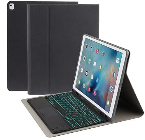 Tastatur Hülle für iPad Pro 12.9 2015/2017 (1./2. Generation), Englisches und Deutsches Layout, 7-Farbige Tastatur mit Hintergrundbeleuchtung Und Touchpad, PU-Ledertasche mit Stifthalter,Schwarz