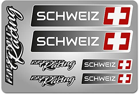 4er Set Aufkleber mit Fahne Flagge und wahlweise Name Sticker für Auto Fahrrad Motorrad Roller Helm im Rallye Racing Design R156 (27 Schweiz, Ohne Wunschname)