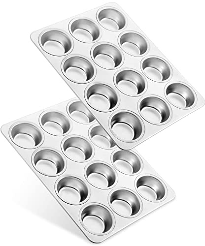 LIANYU Muffin Top Pan Set of 2, Stainless Steel Nonstick 12 Cups Muffin Baking Tins Cupcake Pan Tray for Baking Oven, Family Party Dishwasher Safe