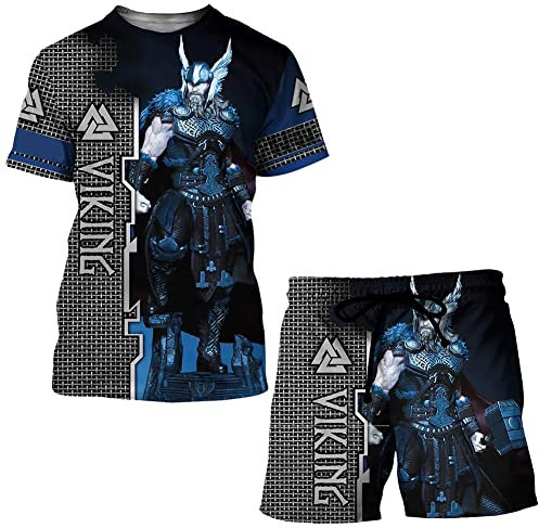 WSXJJ Viking Tattoo T-Shirt Men Shorts Set, 3D Printed Summer Short Sleeve Beach Shorts Fitness Swim Shorts,Thor Hammer,XXL