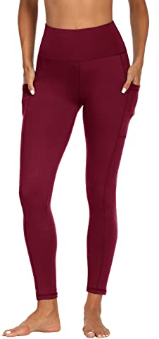 FOTOCITI Sport Leggings Damen mit Tasche High Waist Sportleggins Lang Blickdicht Sporthose Push Up Yogahose Bauchweg Laufhose Fitnesshose Hose(Weinrot, L-XL)