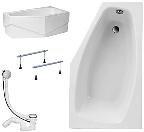 KOLMAN Badewanne MARIKA Eckbadewanne 140x80 Rechts mit AcrylSchürze, Ablaufgarnitur und Füßen Komplettset 4in1 Premium Original Acryl Wanne Siphon