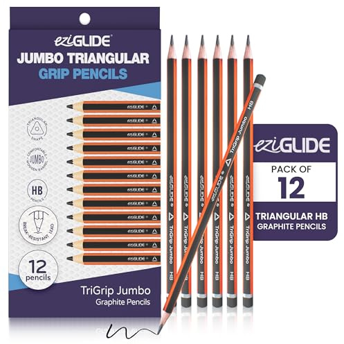 Eziglide TriGrip Jumbo HB Pencils, Pack of 12 Triangular Pencils for Kids | Break-Resistant HB Lead with Jumbo Triangular Barrels for Comfortable Grip, Smooth Writing, Drawing and School Use
